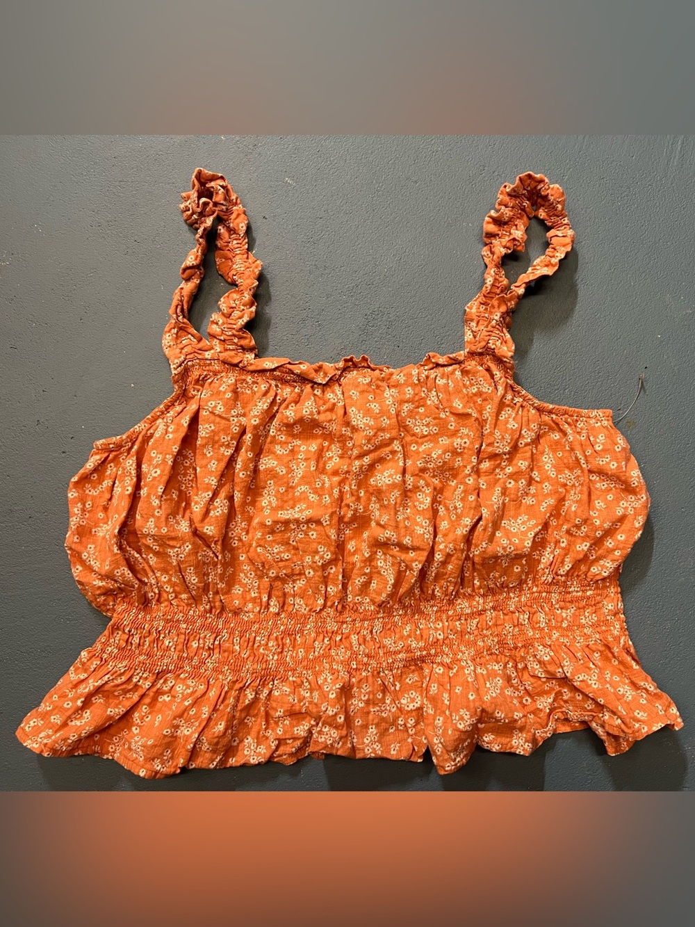 Rust‎ Orange Floral Ruffle Crop Summer Coquette Womens Top M